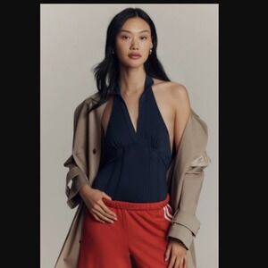 NWT! Anthropologie Halter Jersey Bodysuit XL Navy Blue Collar Backless